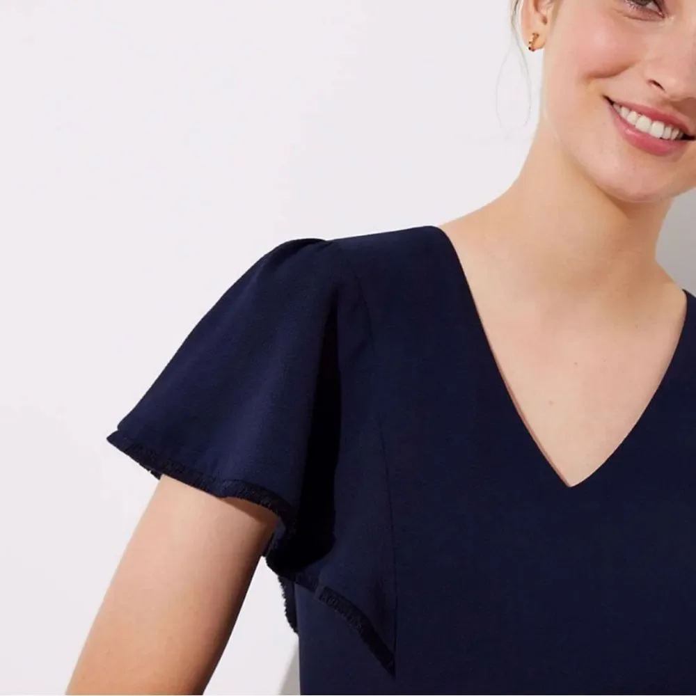LOFT Fringe Trimmed Flutter Sleeve Dress in Navy - Picture 2 of 11